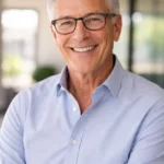 Elderly man smiling in blue shirt served by San Clemente window cleaners.