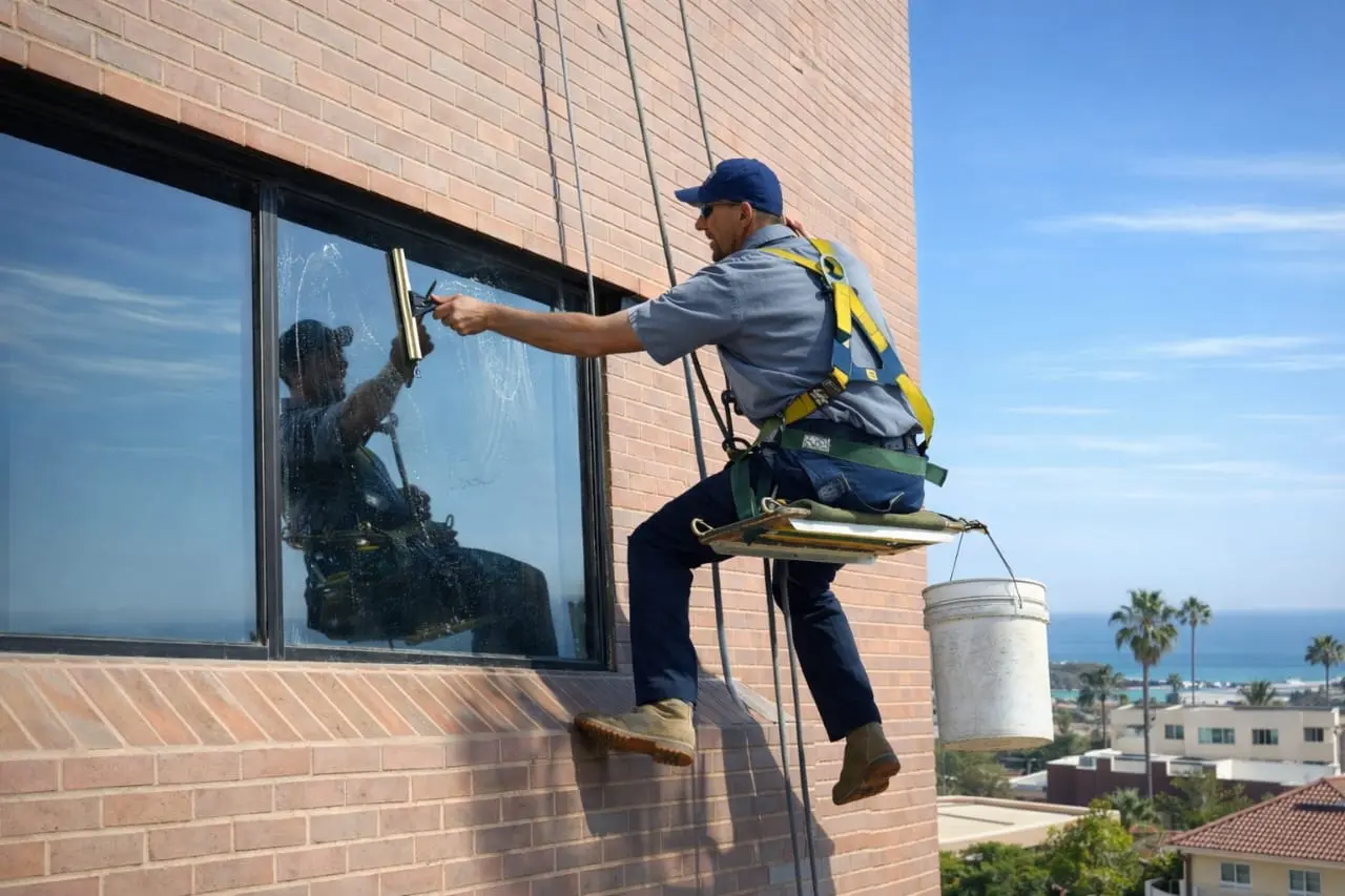 Technician cleans high-rise windows in San Clemente using ropes and a squeegee.