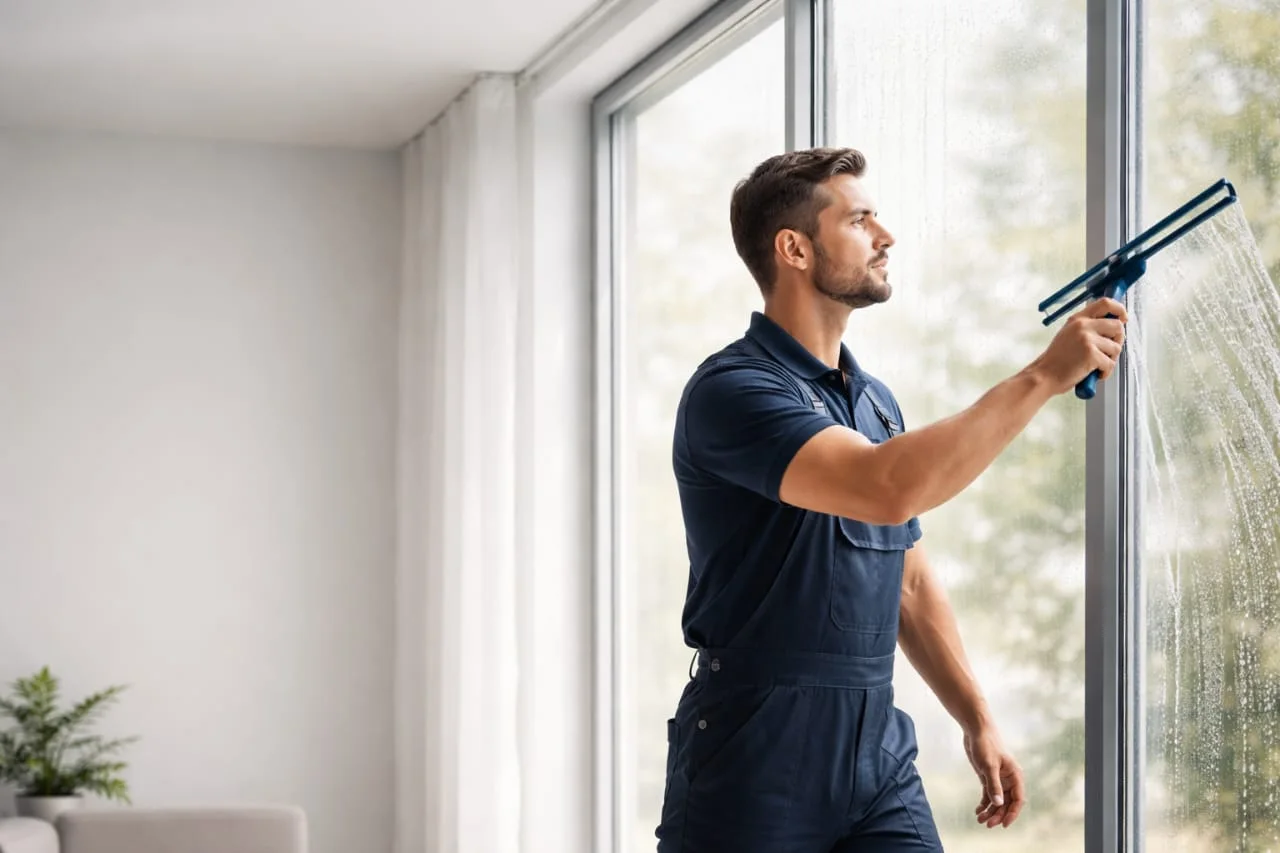 Window cleaning technician in San Clemente, CA cleaning exterior home windows
