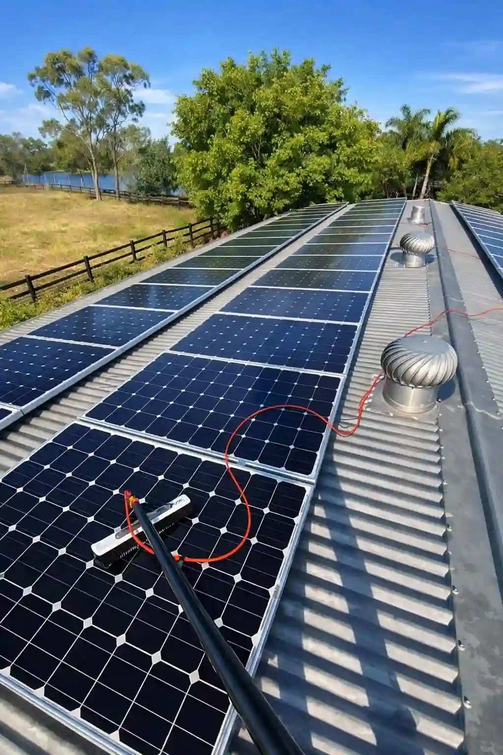 San Clemente solar panel cleaning on a rooftop with solar panels and turbine vents.