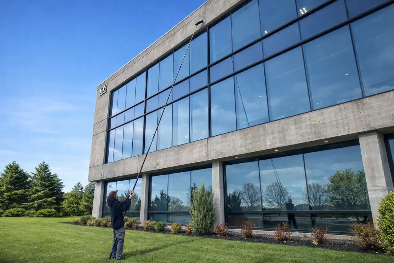Worker cleans windows of a commercial building with a telescopic squeegee.