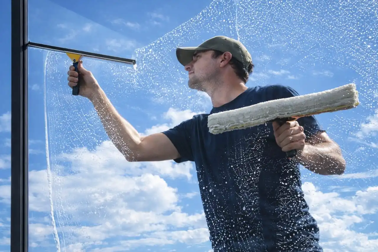 Window washing San Clemente with a squeegee for a streak-free shine.
