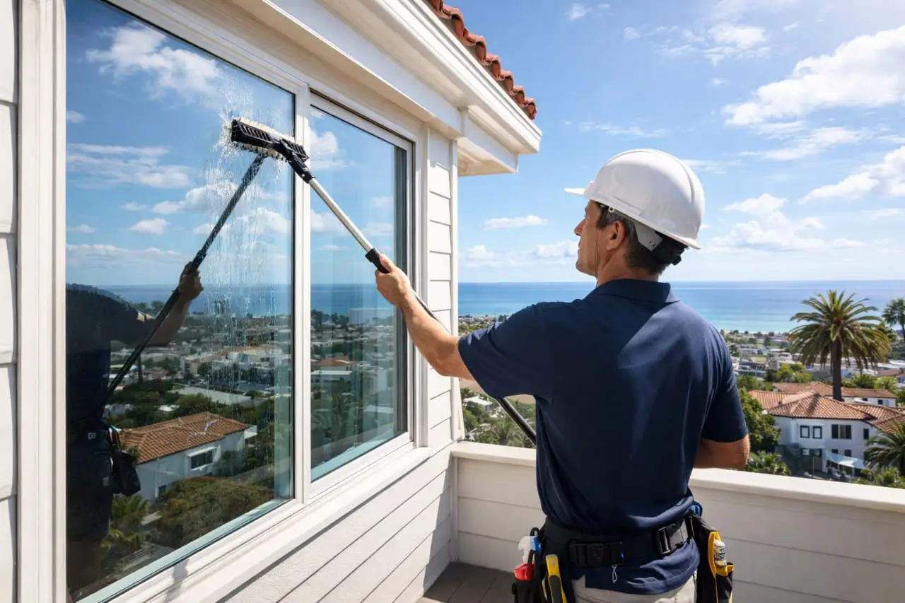 Window cleaning service in San Clemente with a technician using a water-fed pole.