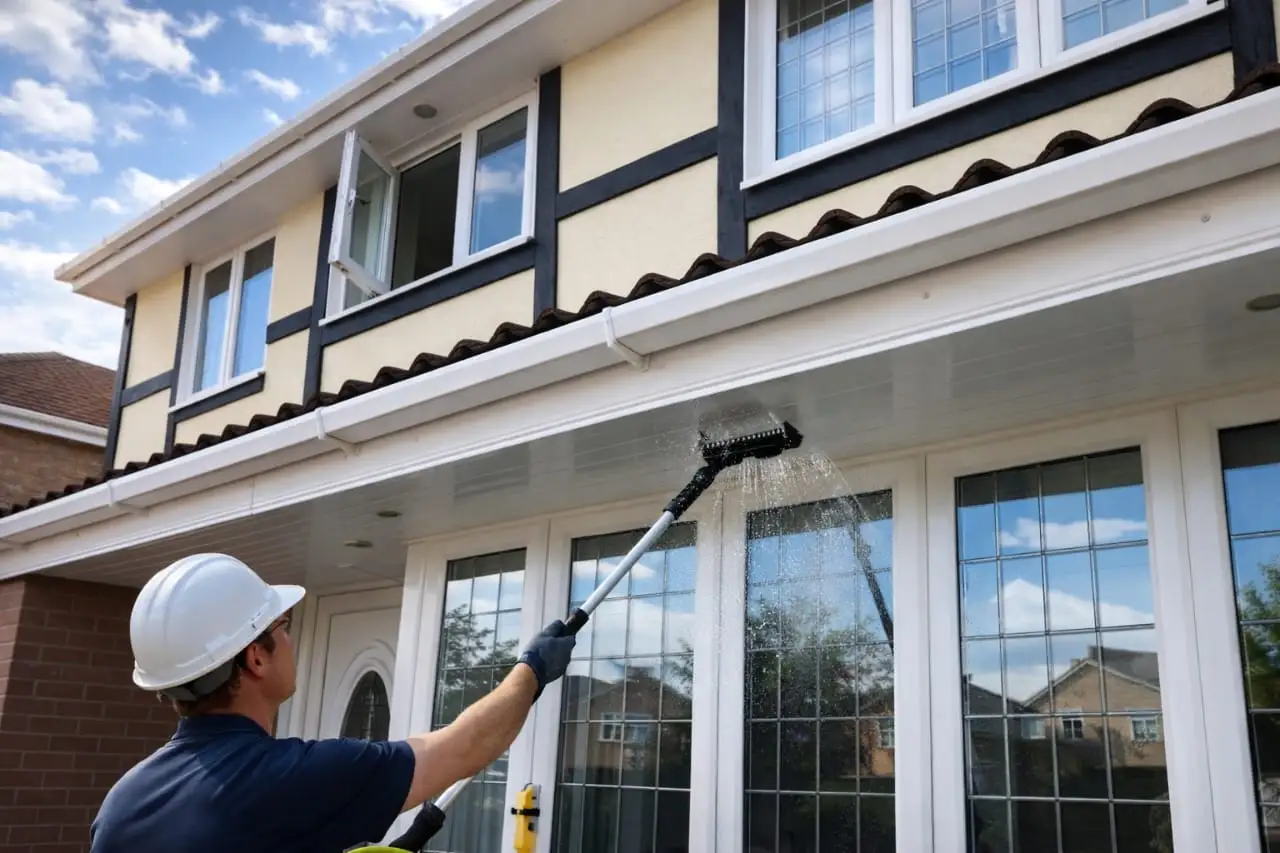 Window cleaning at a Tudor-style home in San Clemente using a water-fed pole.