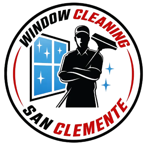 Window Cleaning San Clemente logo with cleaner, window, and squeegee