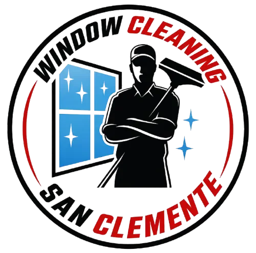 Window Cleaning San Clemente logo with cleaner, window, and squeegee