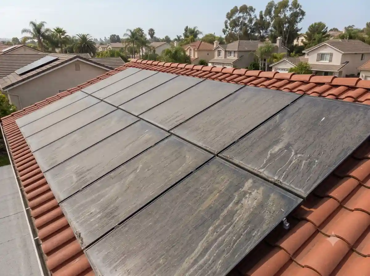 Dirty solar panels covered in dust and salt film before professional cleaning in San Clemente