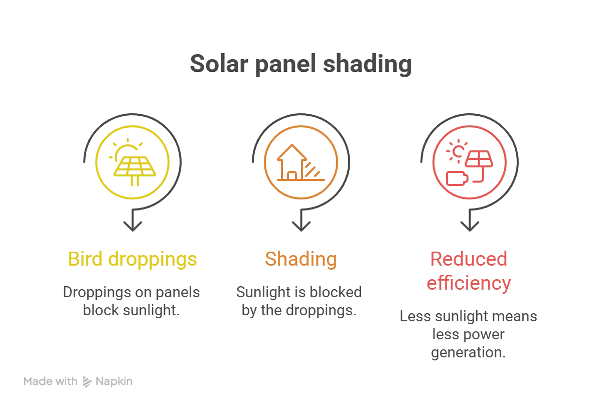 Illustration of bird droppings blocking sunlight on a solar panel
