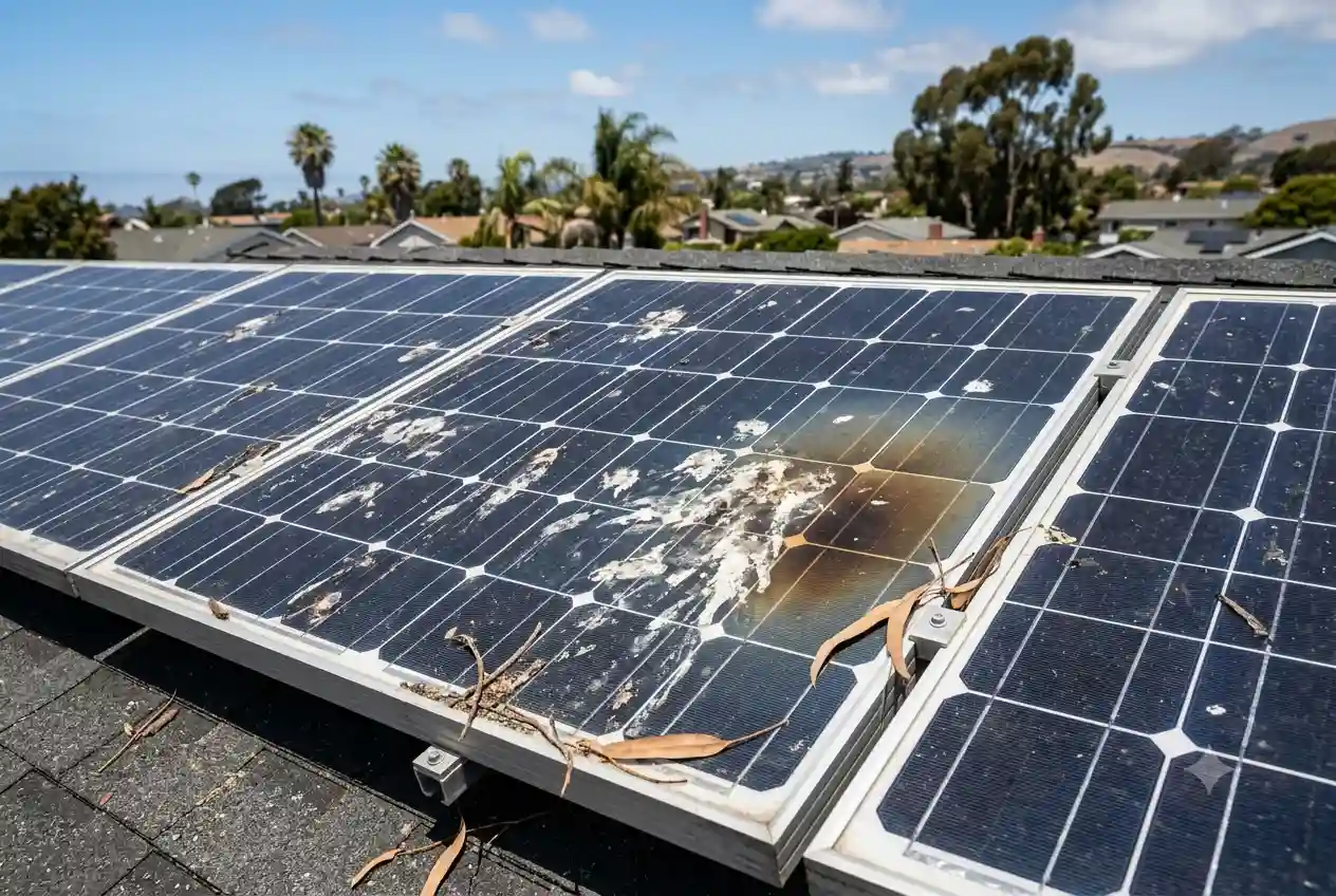 Bird droppings and roof debris on solar panels — solar panel cleaning company near me in San Clemente