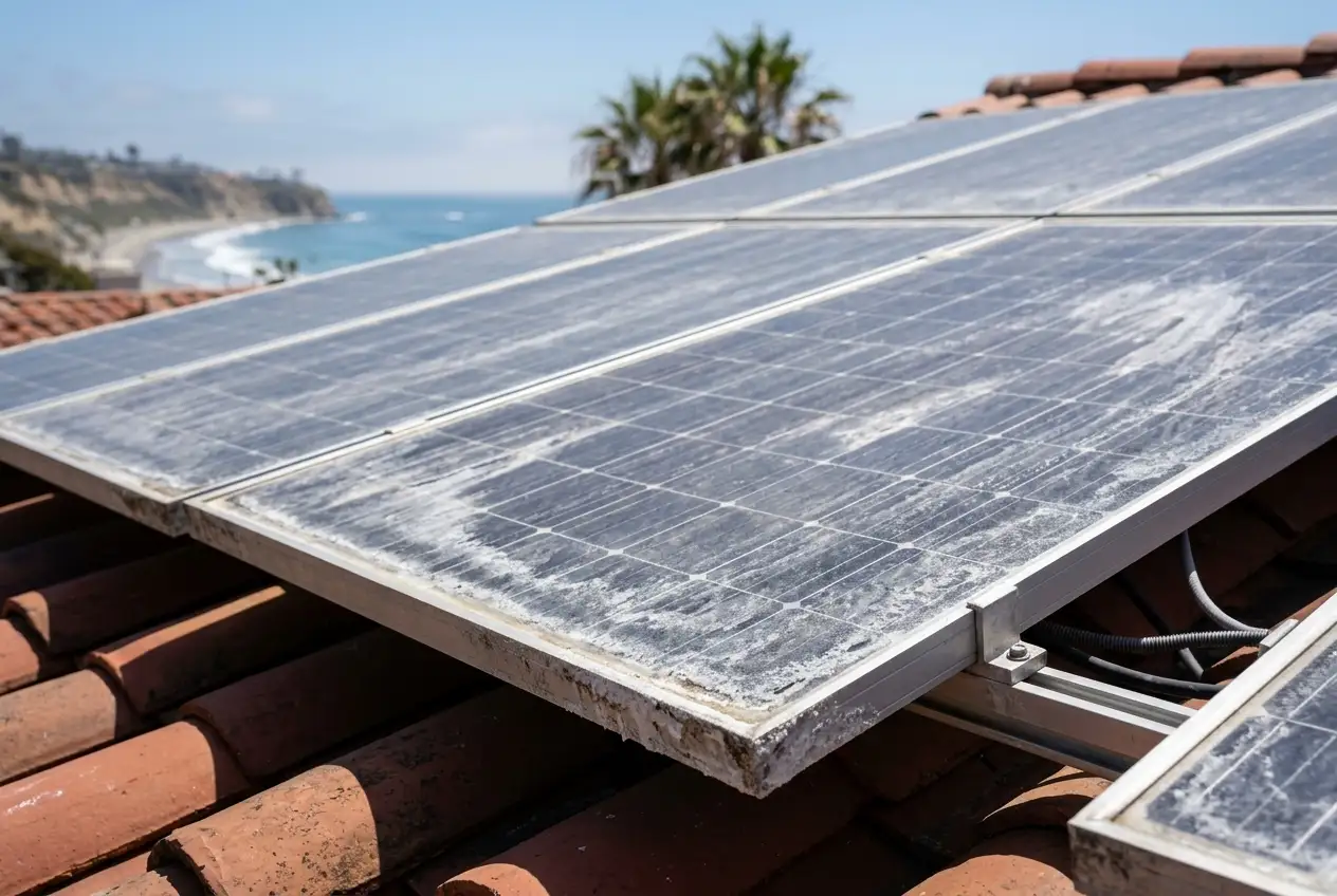 Salt buildup on coastal solar panels — solar panel cleaning company in San Clemente