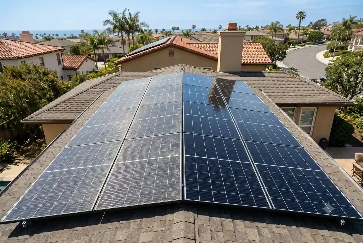 Dirty solar panels showing reduced energy output compared to a freshly cleaned section in San Clemente