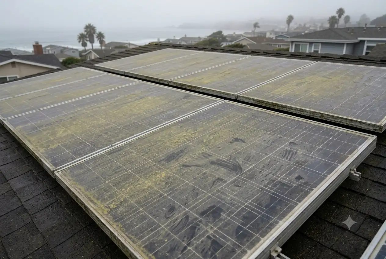 Dust, pollen, and marine layer grime on solar panels — solar panel cleaning company in San Clemente