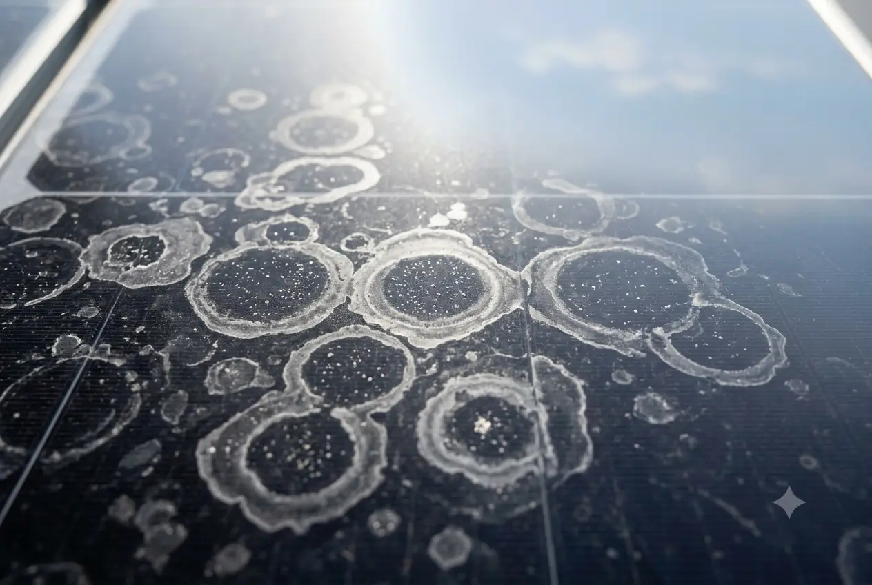 Hard water spots and mineral deposits on solar panels — best solar panel cleaning services in San Clemente