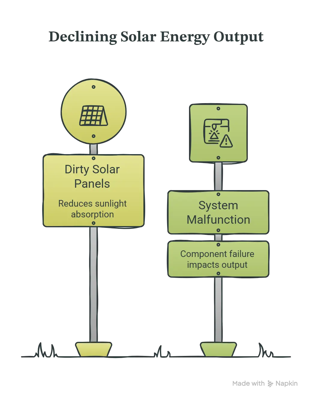 Illustration of dropping solar energy output shown on a monitoring app