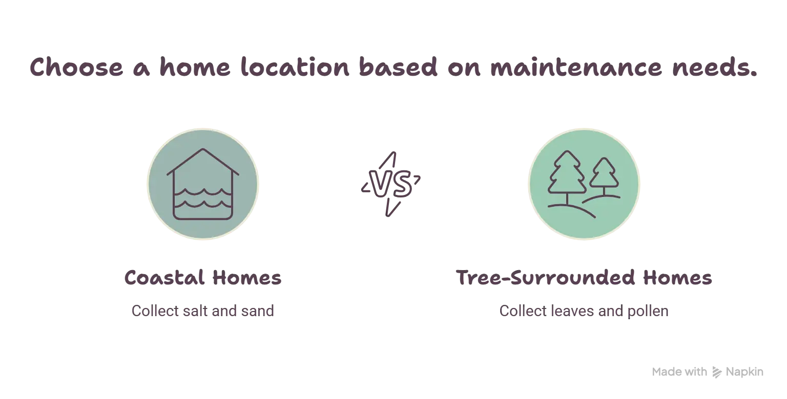Illustration comparing coastal homes and tree-surrounded homes and their solar panel maintenance needs