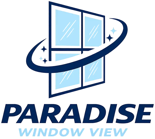 Paradise Window View logo featuring a modern blue window for professional window cleaning services.