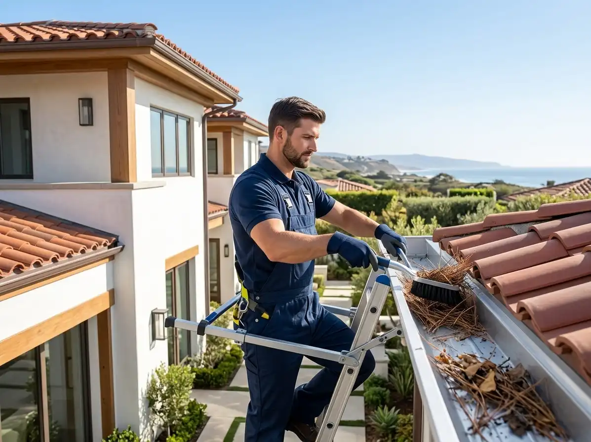 Gutter cleaning San Clemente CA — technician clearing leaves and debris from residential gutters near the coast